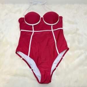 Cupshe | One Piece Push Up Halter Neck Swimsuit in Red + White
